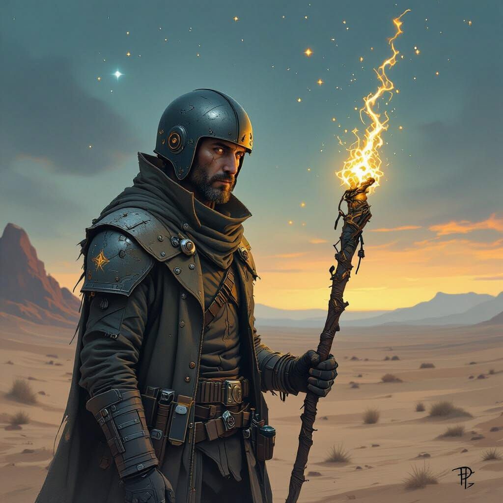 Lone Wanderer on Alien Desert Under Dying Stars