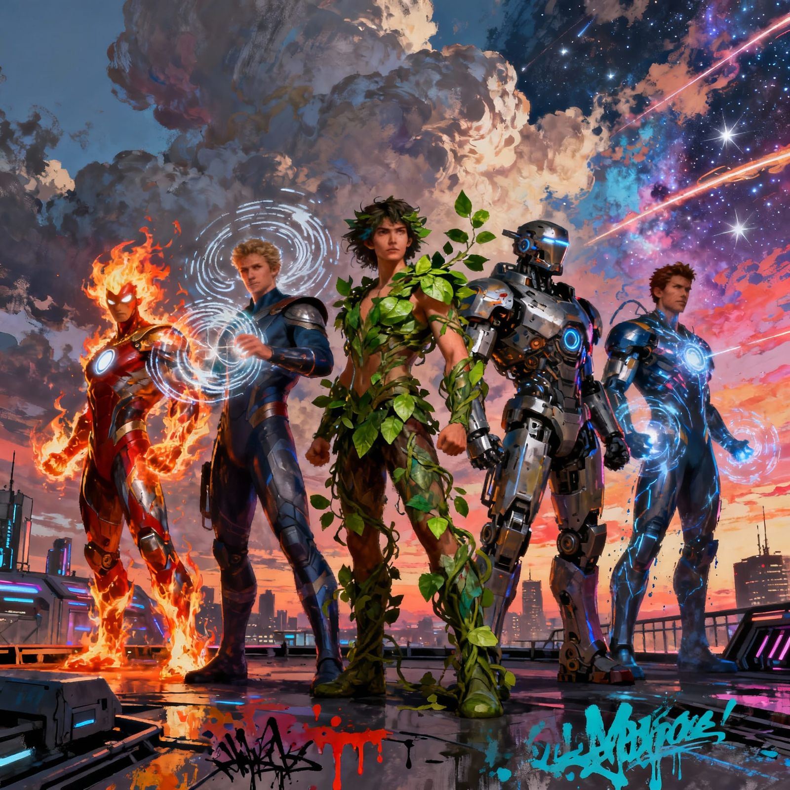 Superhero Team on Futuristic Rooftop at Dusk