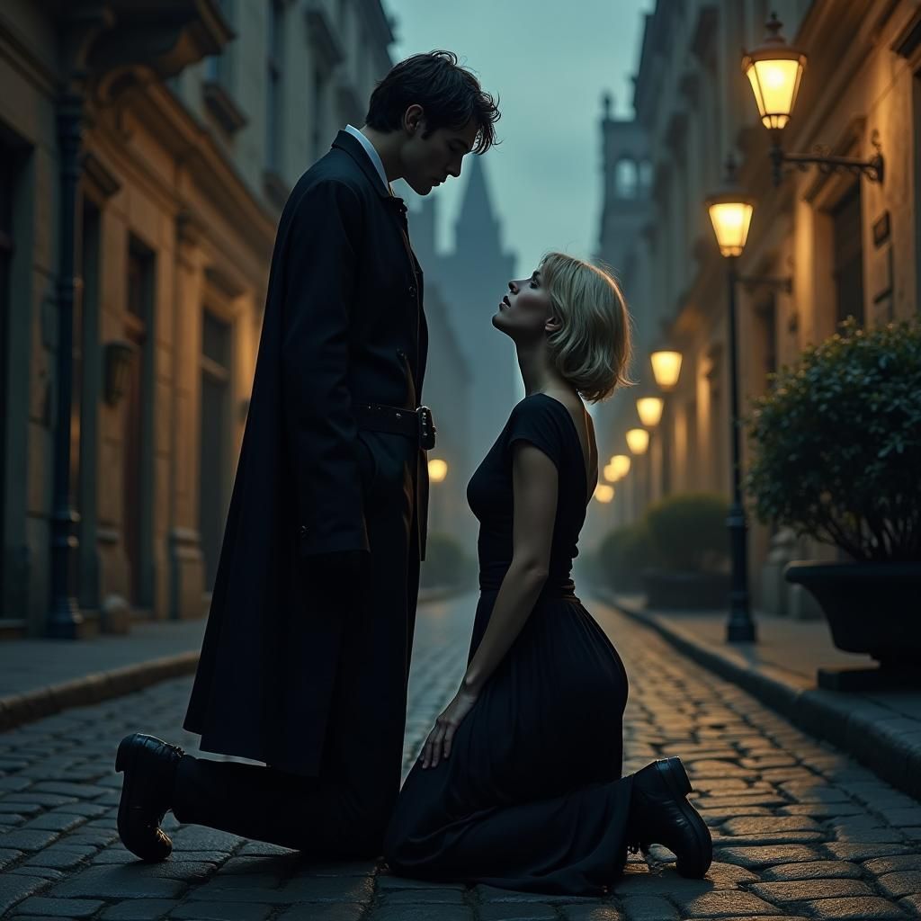 Modern Romeo and Juliet in Gothic Cityscape