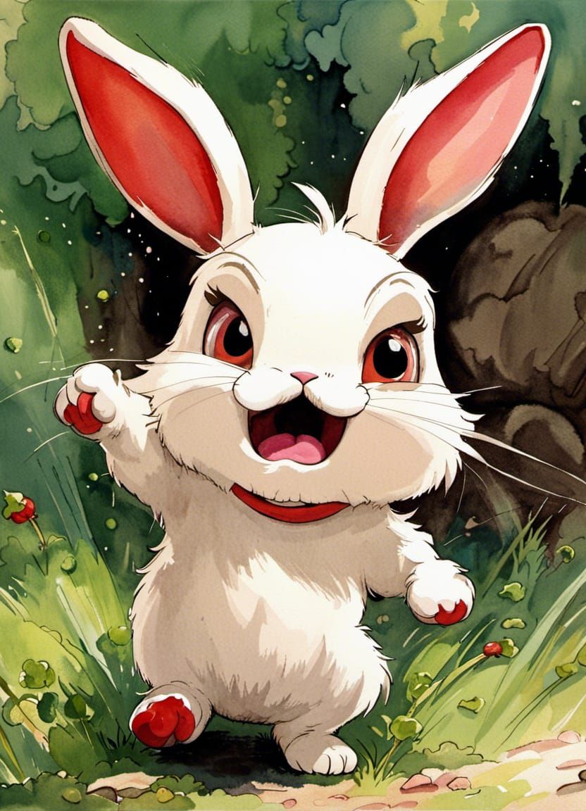 Cartoon Bunny Rampage in Watercolor Style