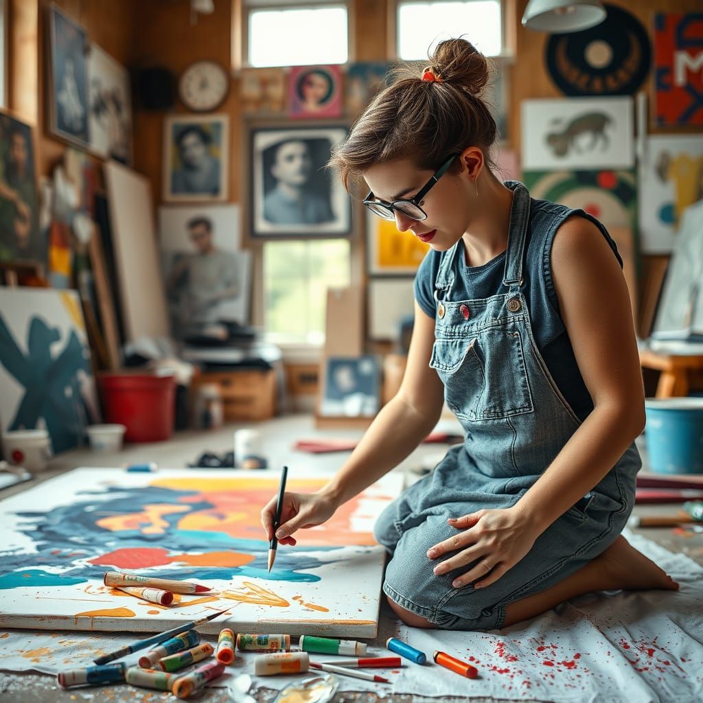 Young Artist Creates Abstract Masterpiece in Cluttered Studi...