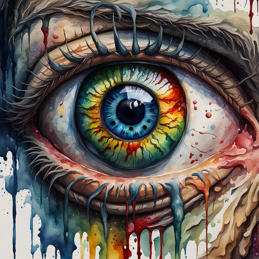 Grotesque Watercolor Eyeball Face in Impressionist Style