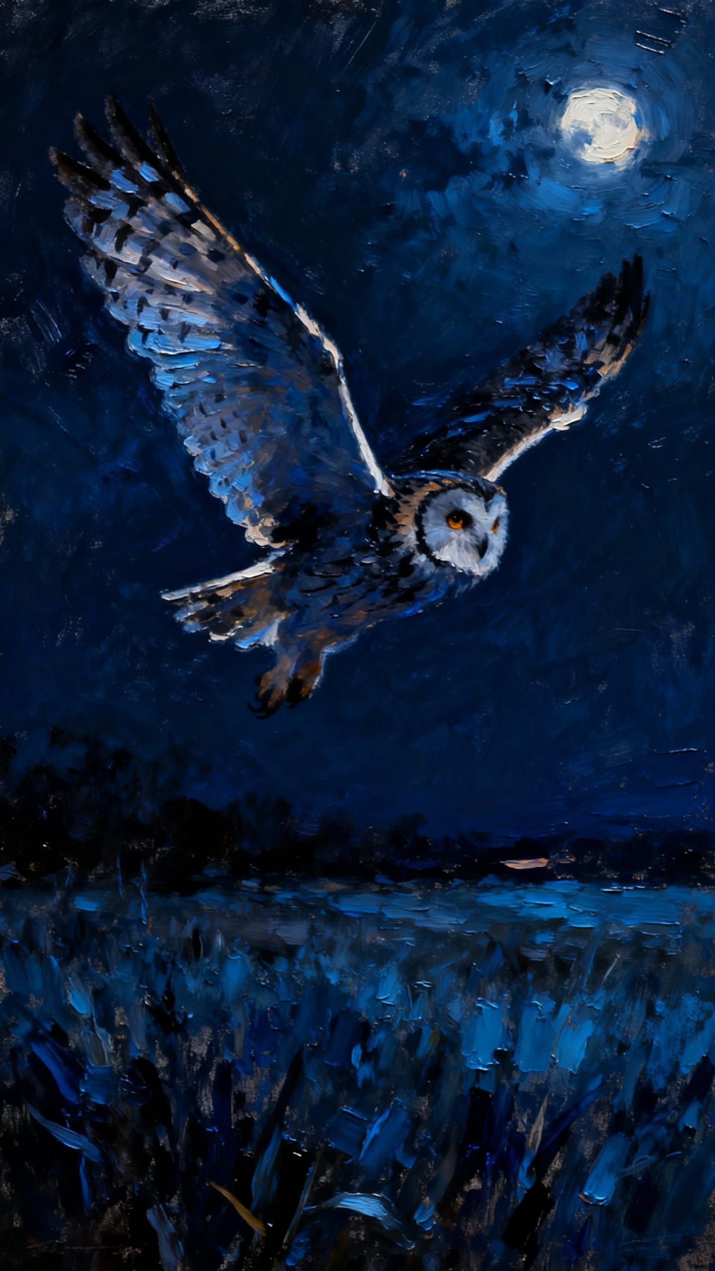 Impasto Owl Soaring Over Dark Field at Night