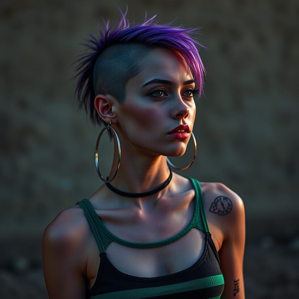 Punk Woman with Mercury Purple Skin and Hoop Earrings