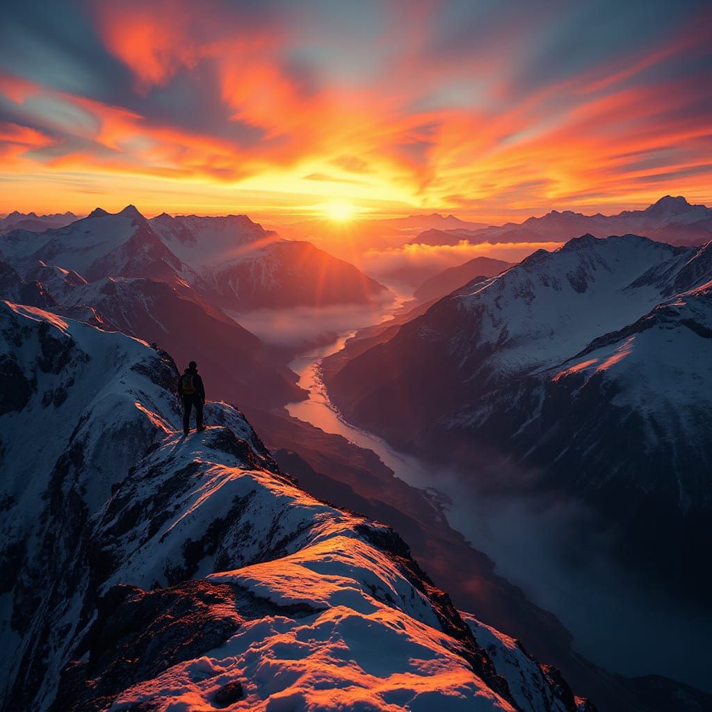 Hiker on Glowing Alpine Ridge at Surreal Twilight
