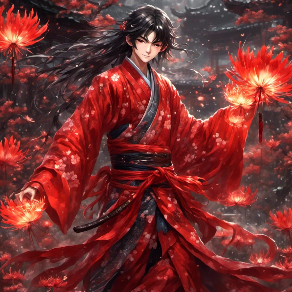 Boy in Red Costume with Fan and Sword