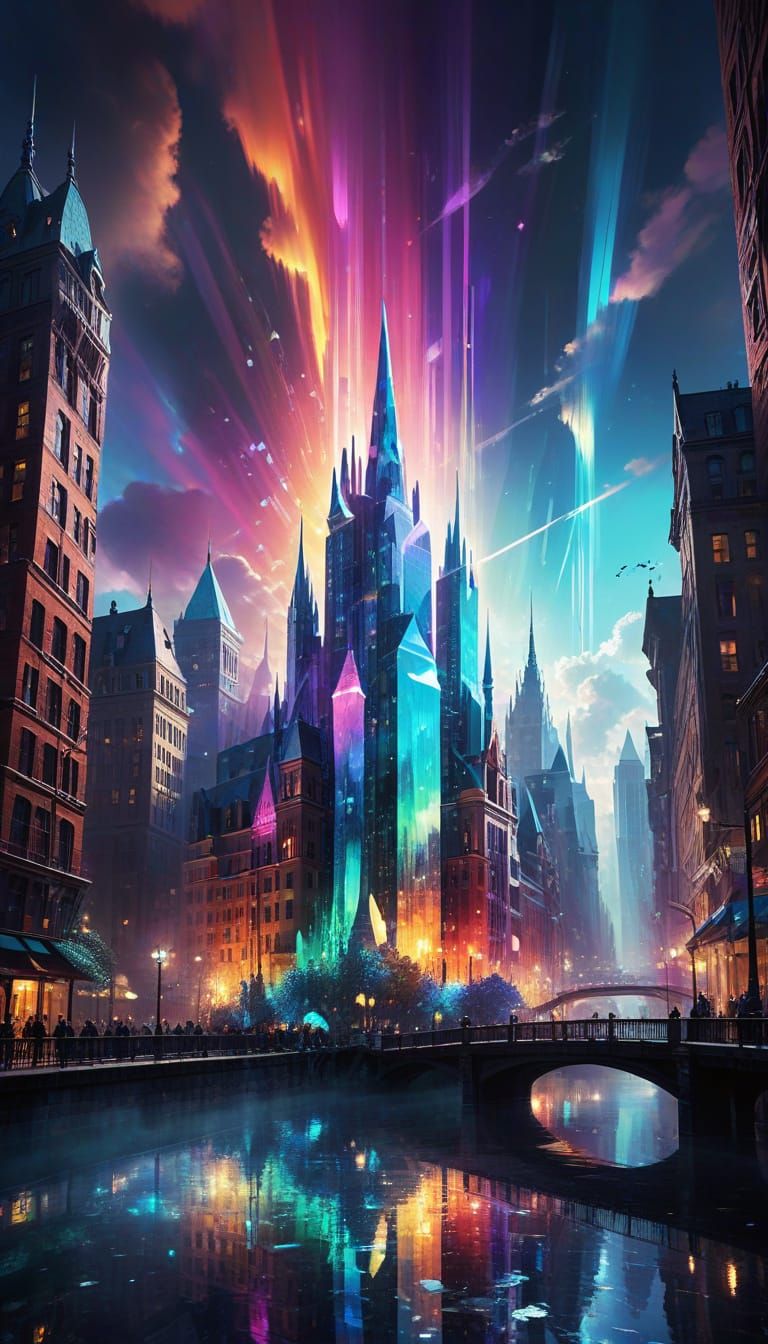 Prismatic Cityscape in Vibrant Block Art Style