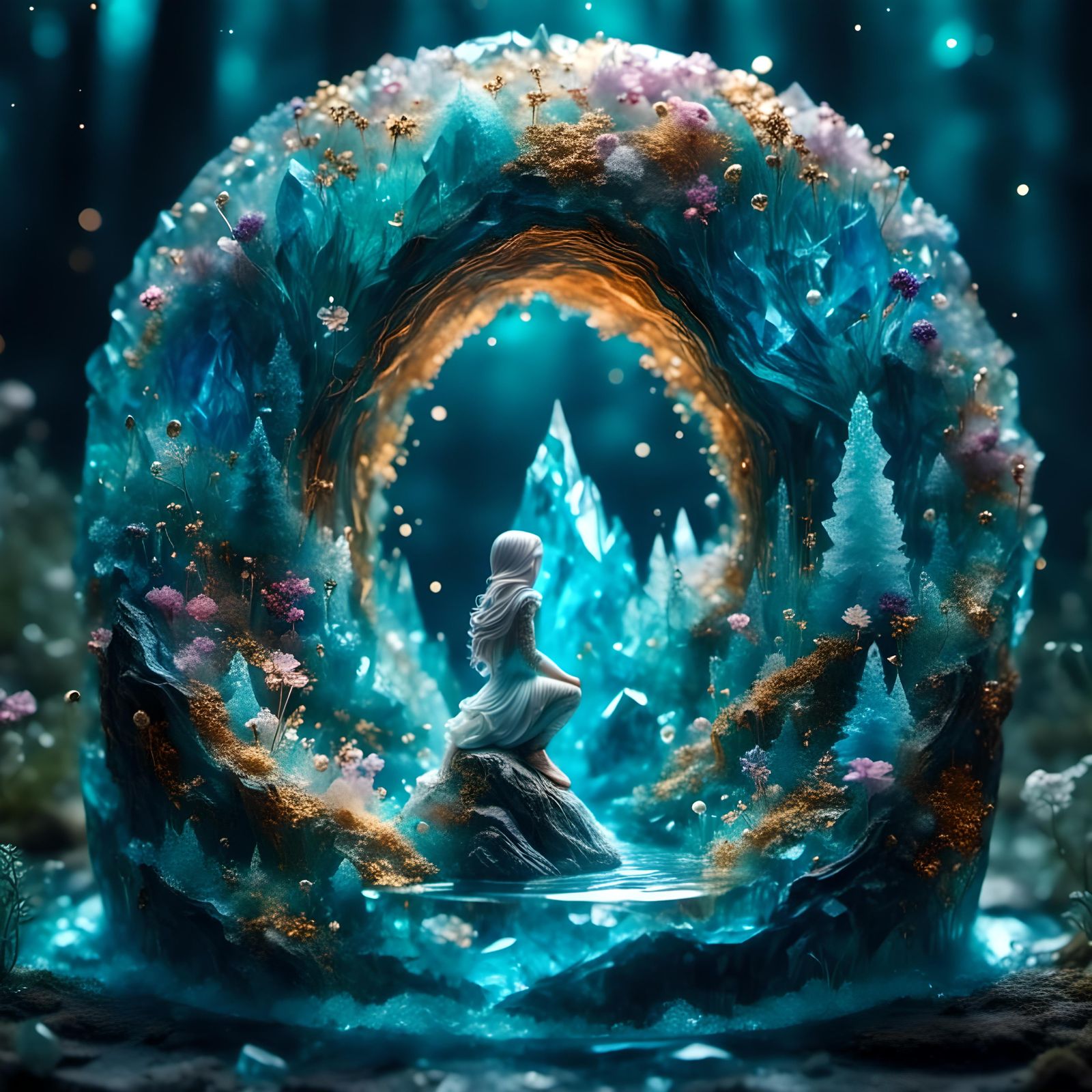 Enchanted Geode Lake in Moonlit Forest