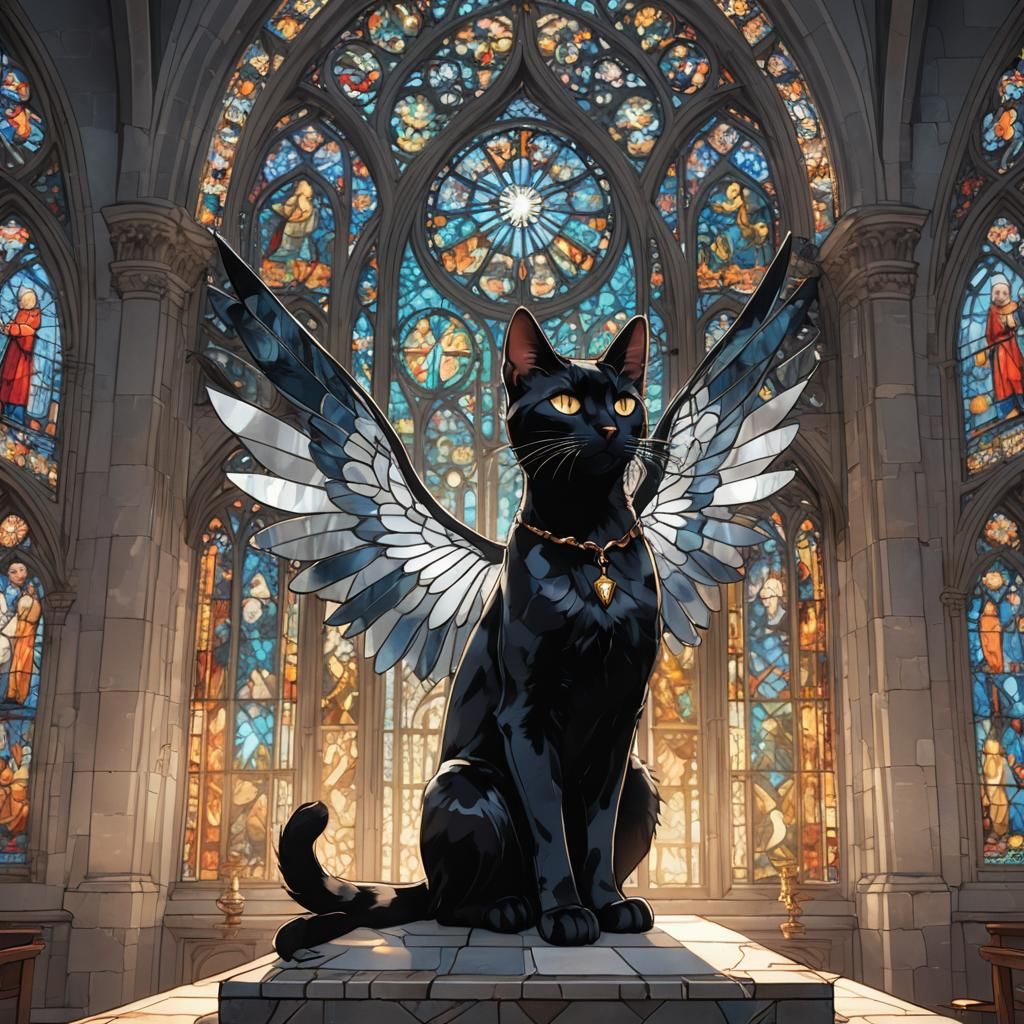 Winged Black Cat in Church, Pastel Academia Style