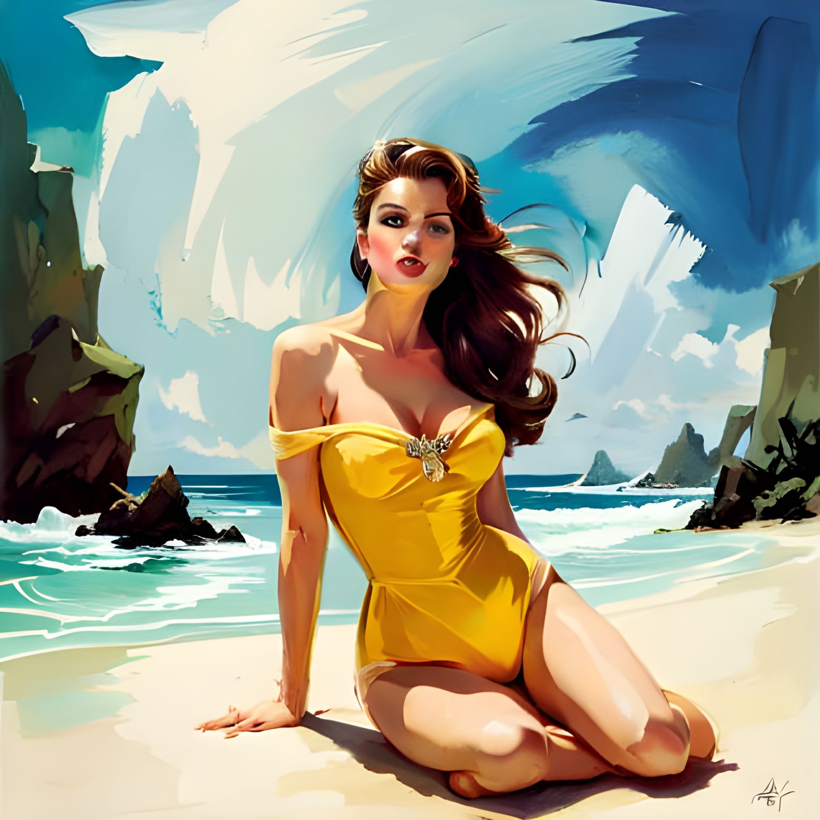 Belle in Yellow Swimsuit on the Beach