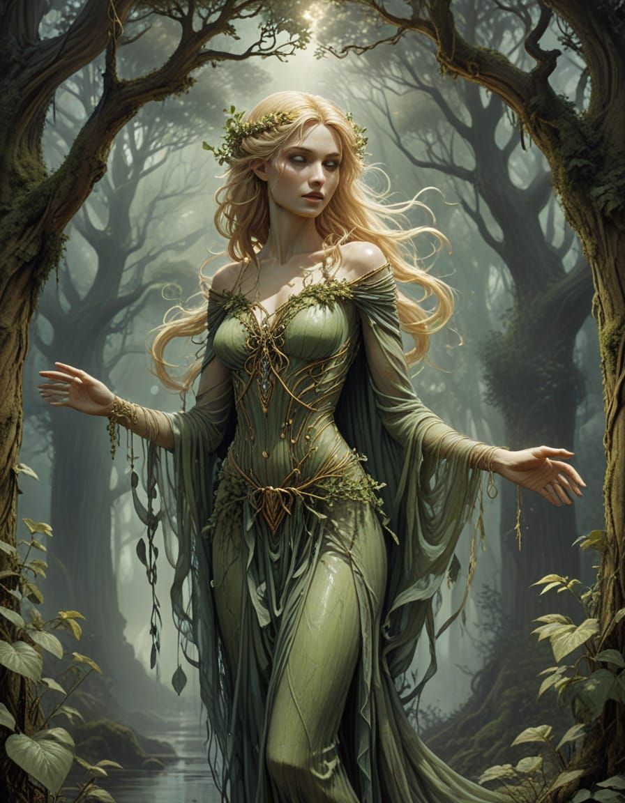 Enchanting Preraphaelite Dryad in Flowing Gauze