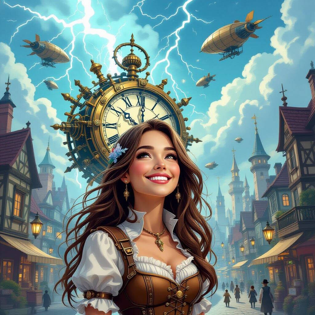Whimsical Clockwork City with Lightning Power and Smiling Wo...