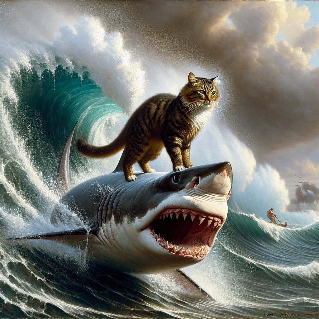 Fierce Feline Surfs Majestic Shark in Stormy Seascape