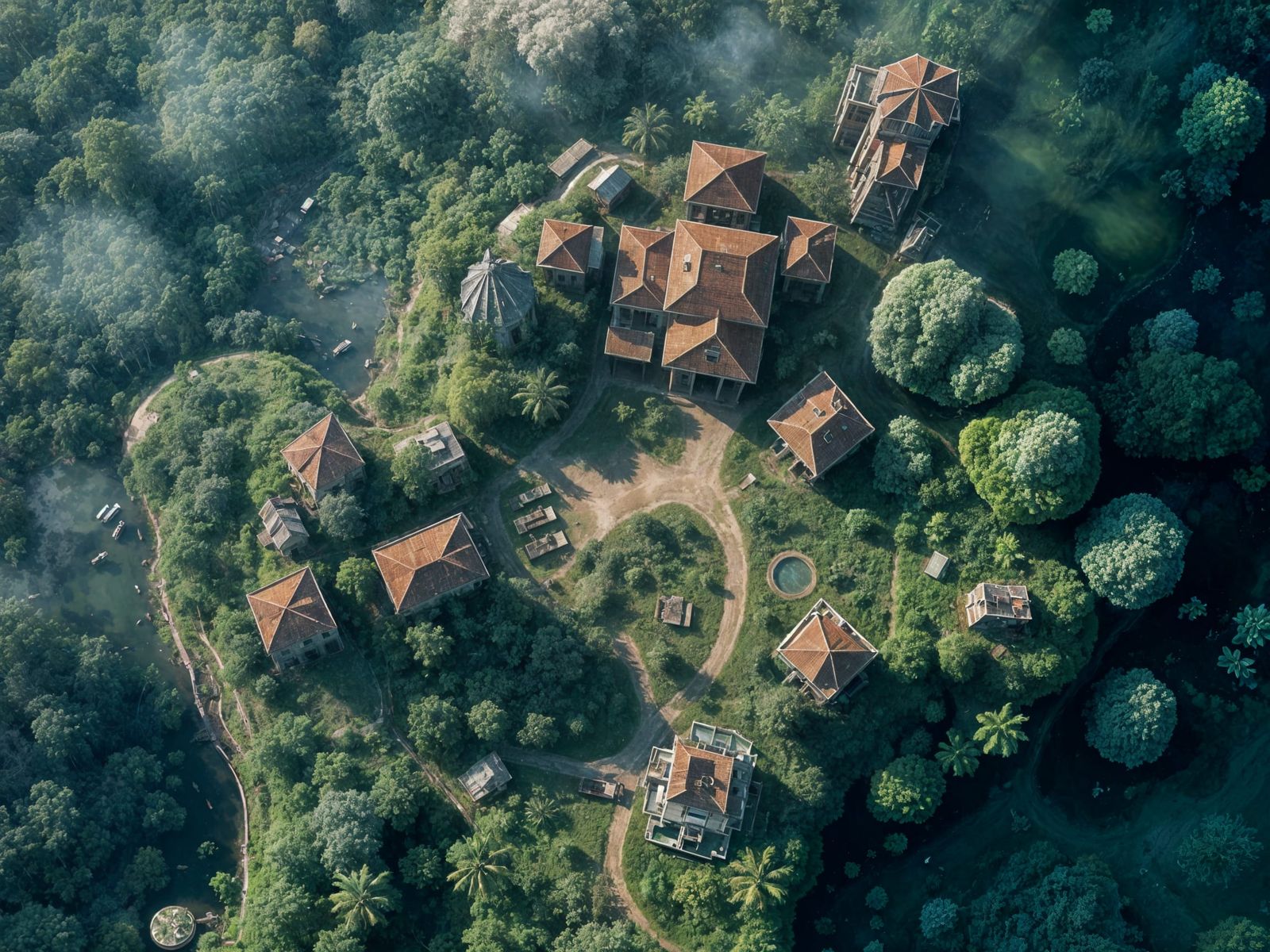 Abandoned Jungle Settlement Battlemap, Bird's-Eye View
