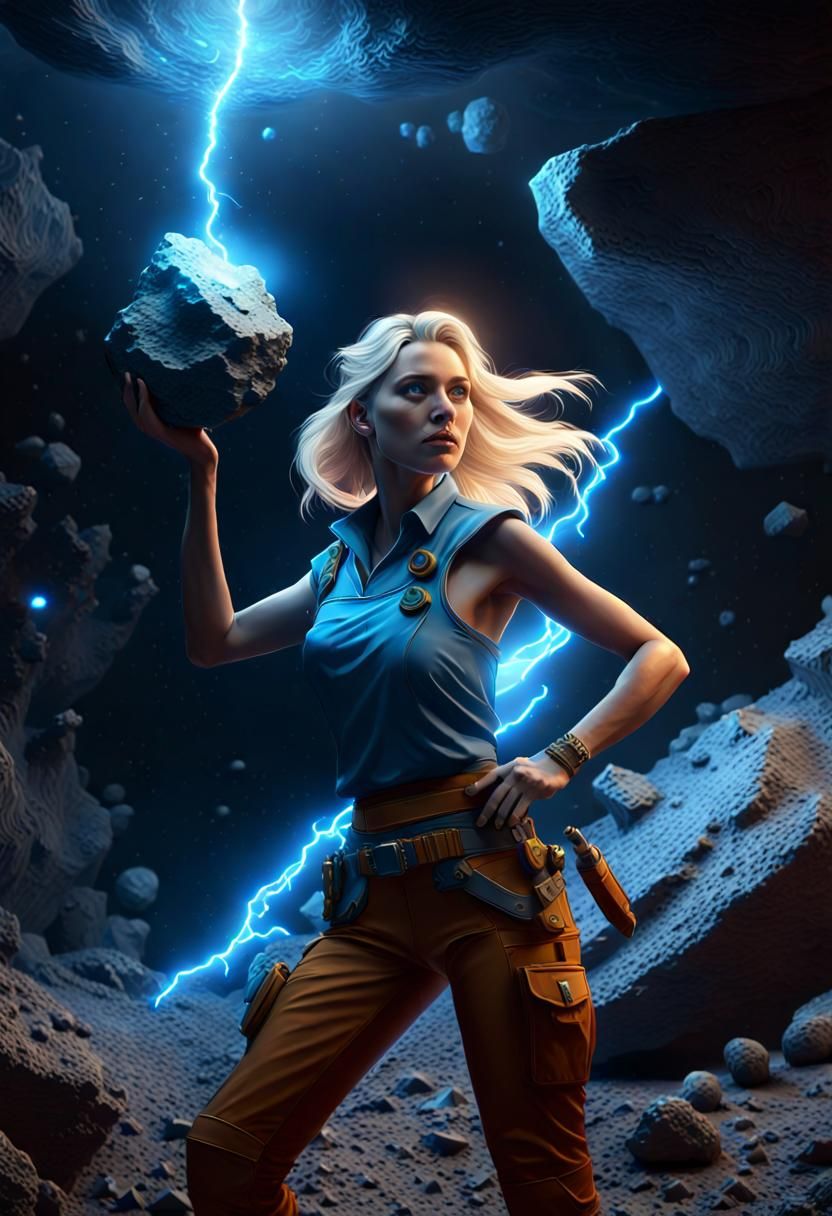 A beautiful blonde woman miner in an excavation on an asteroid, surrounded my asteroid field and the universe is faced w...