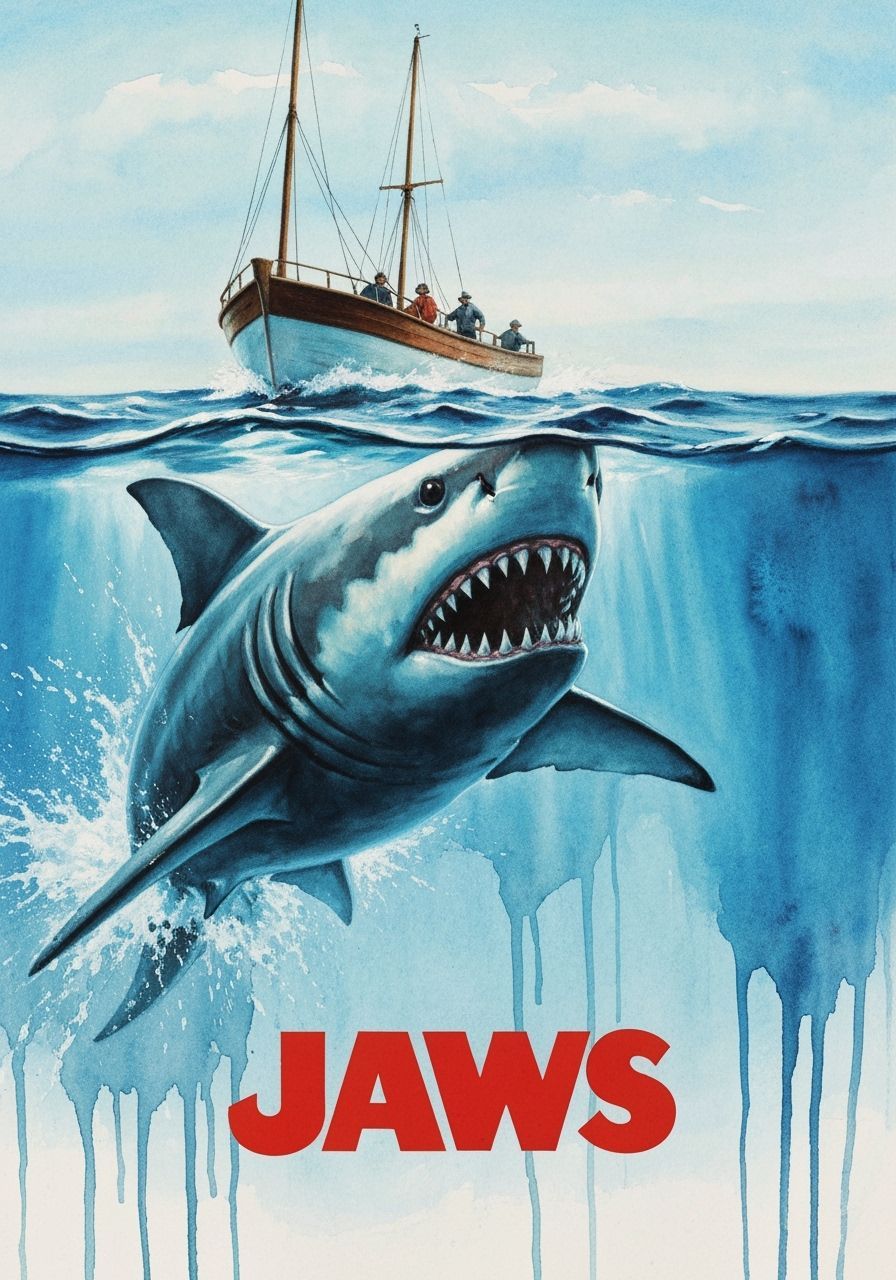 Jaws Movie Poster: Shark Attack Watercolor Painting