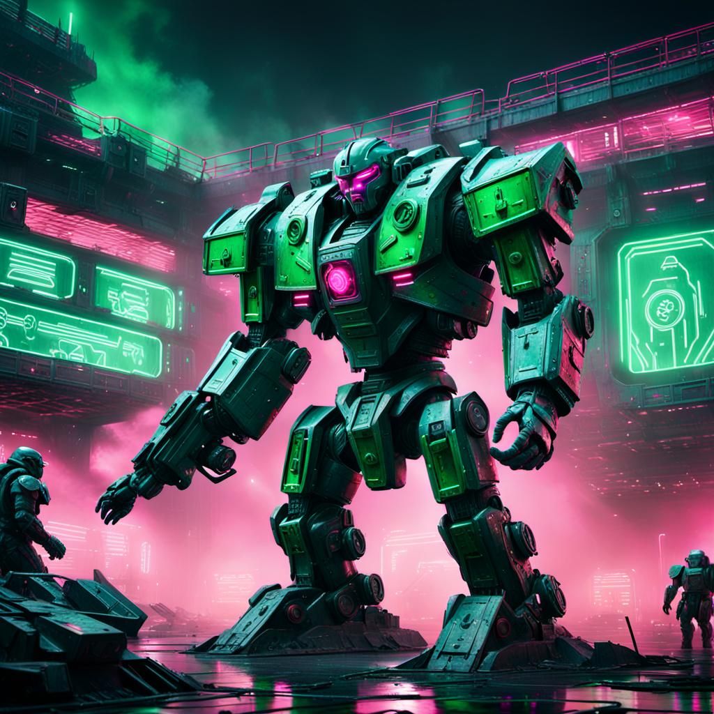Colossal mecha gladiators clash in a dystopian arena, their ...