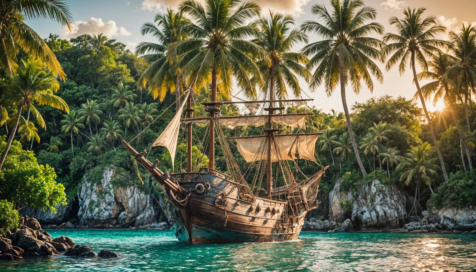 Tropical Island Cove with Pirate Ship