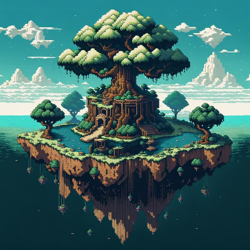 8-Bit Pixel Art Floating Island With Tree