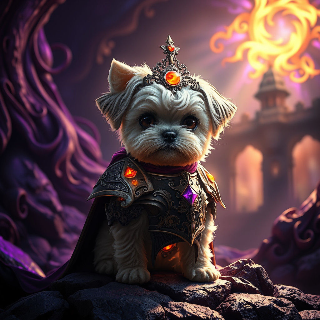 Armored Maltipoo in Gothic Fairy Tale Realm