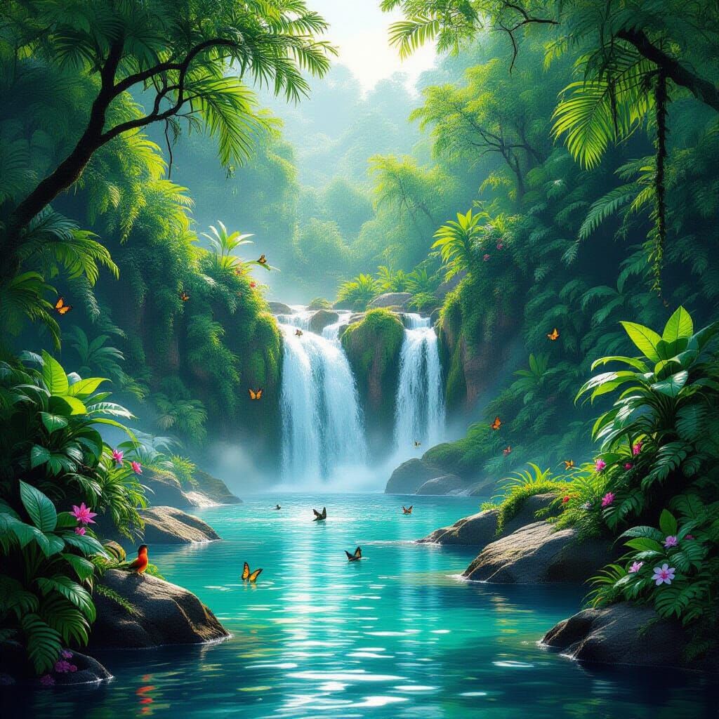 Breathtaking Tropical Waterfall in Lush Jungle