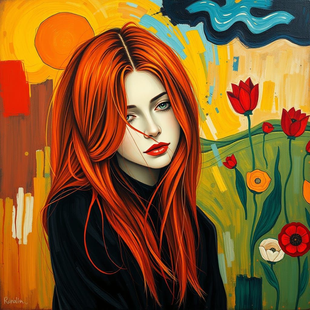 Contemplative Woman in Abstract, Munch and Miro Style