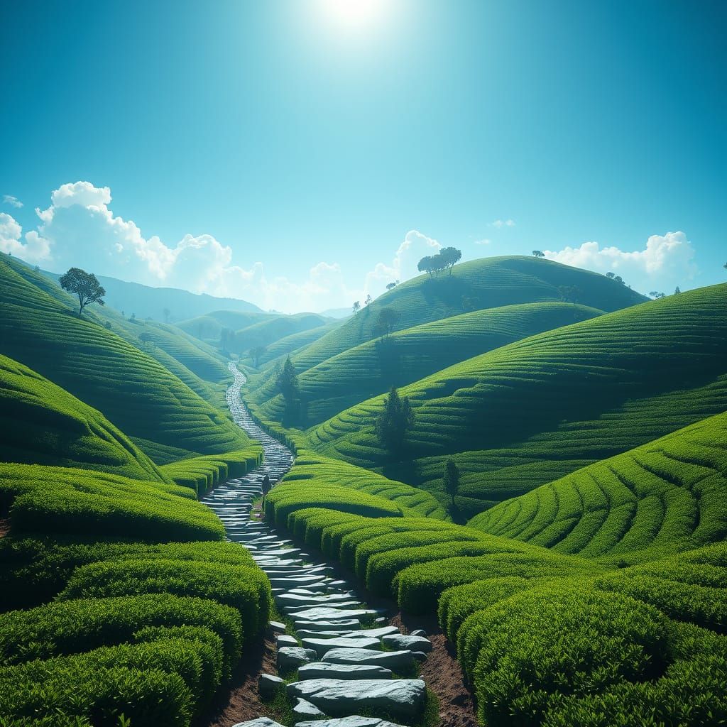 Serene Green Tea Hills in Vibrant Fantasy Style