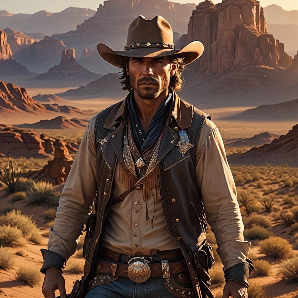 Handsome Cowboy Portrait in Desert Sunset, Digital Art