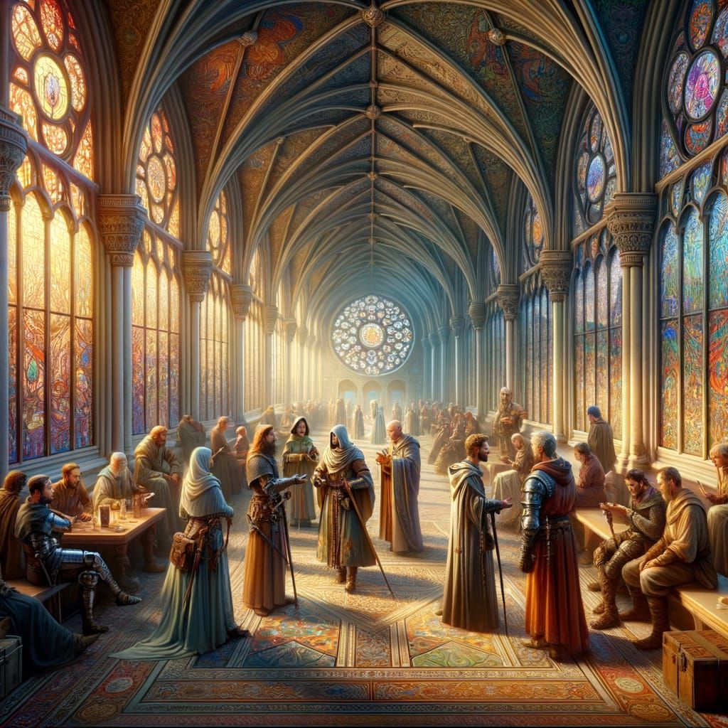 Mages and Knights Converse in Vibrant Hallway