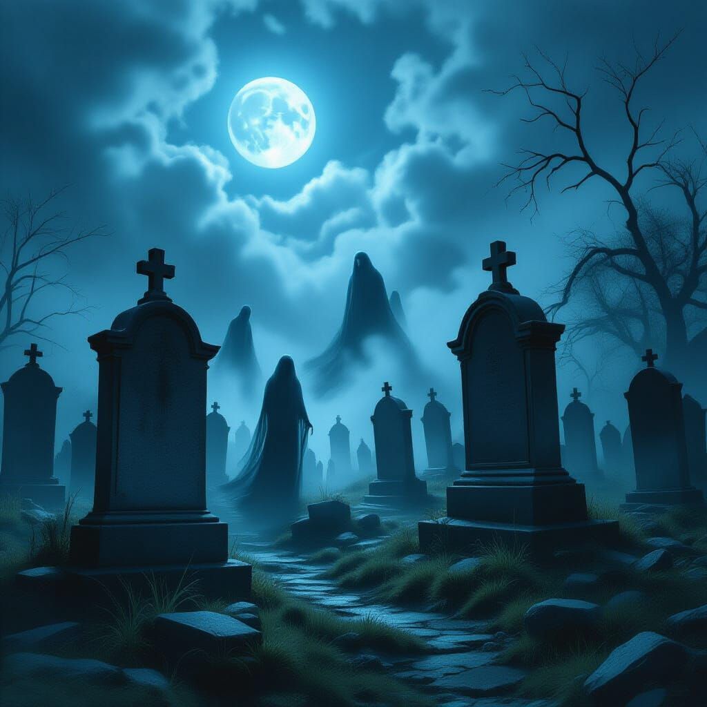 Ethereal Ghosts Rising in Moonlit Cemetery