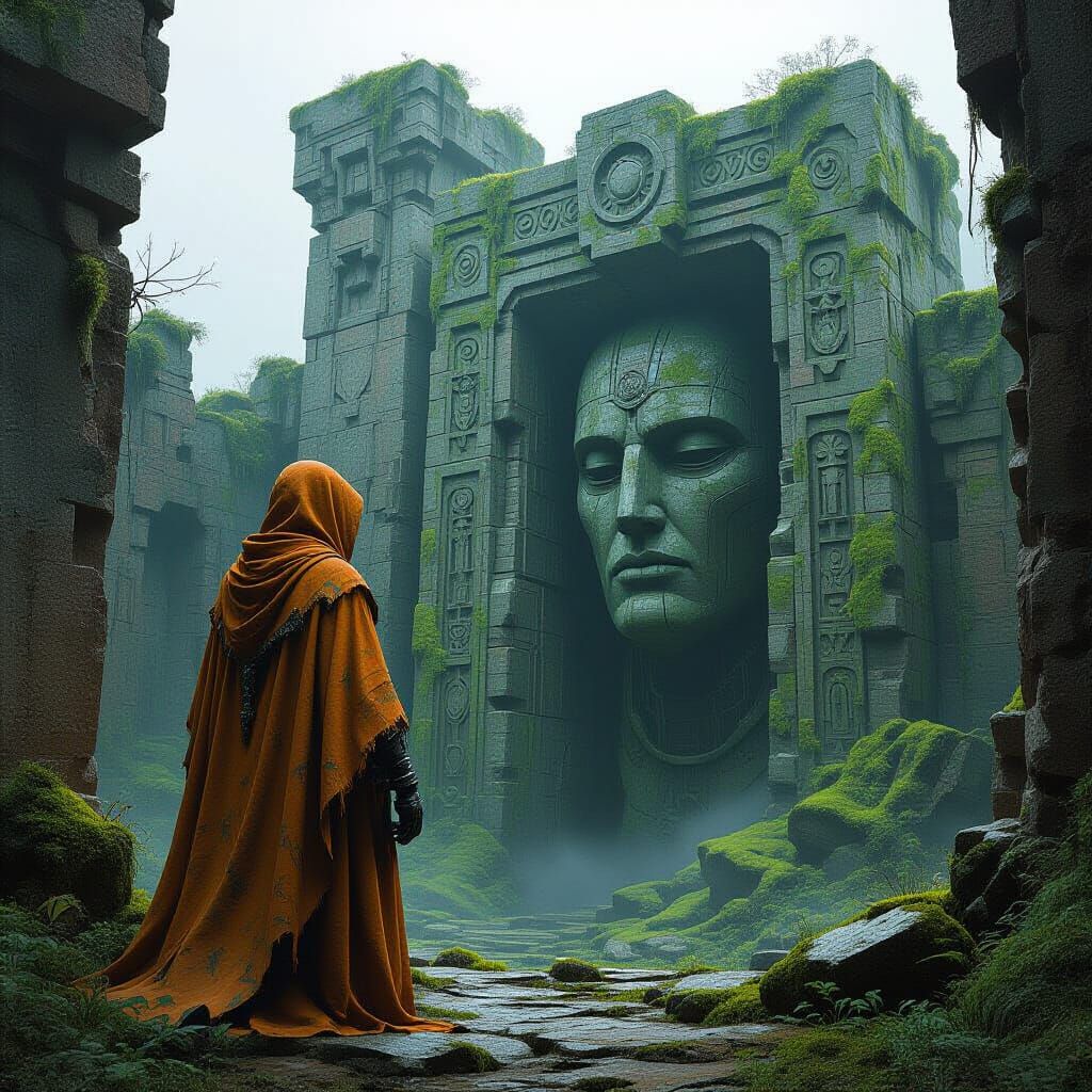 Moss-Covered Automaton Guarding Stone Doorway