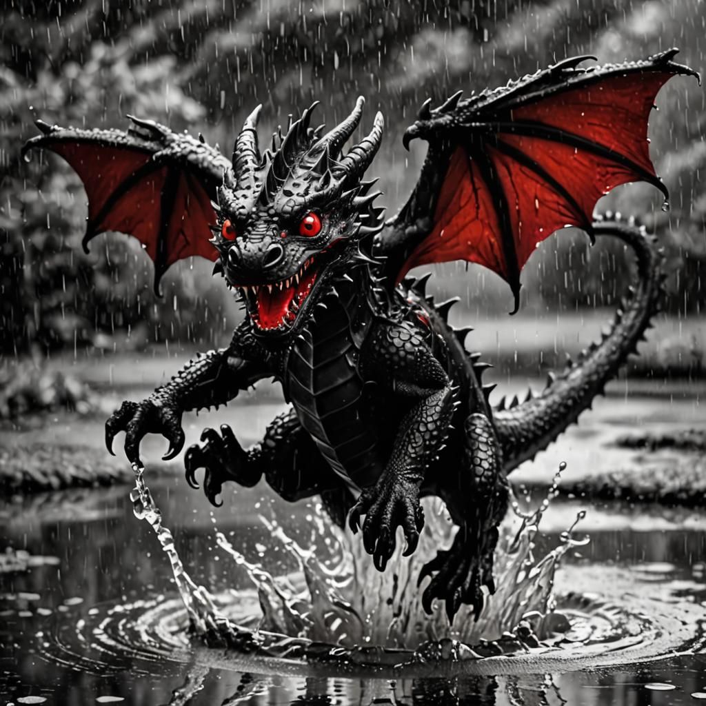 Vibrant Black Dragon Whelp Dances in Rainy Day Puddle in Imp...