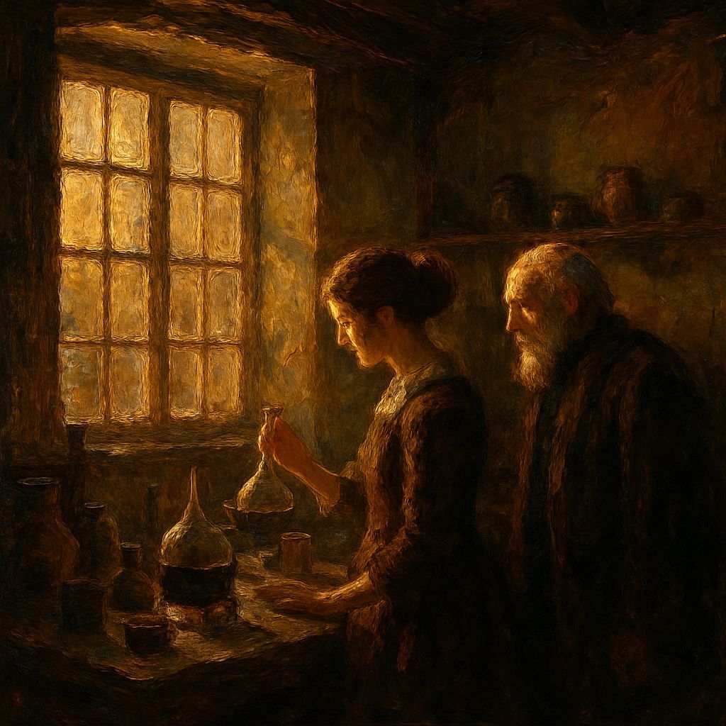 Alchemist's Studio in Golden Light, Impasto Oil Painting