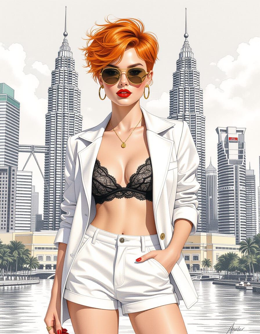 Girl in White Suit with Geometric Bauhaus Background