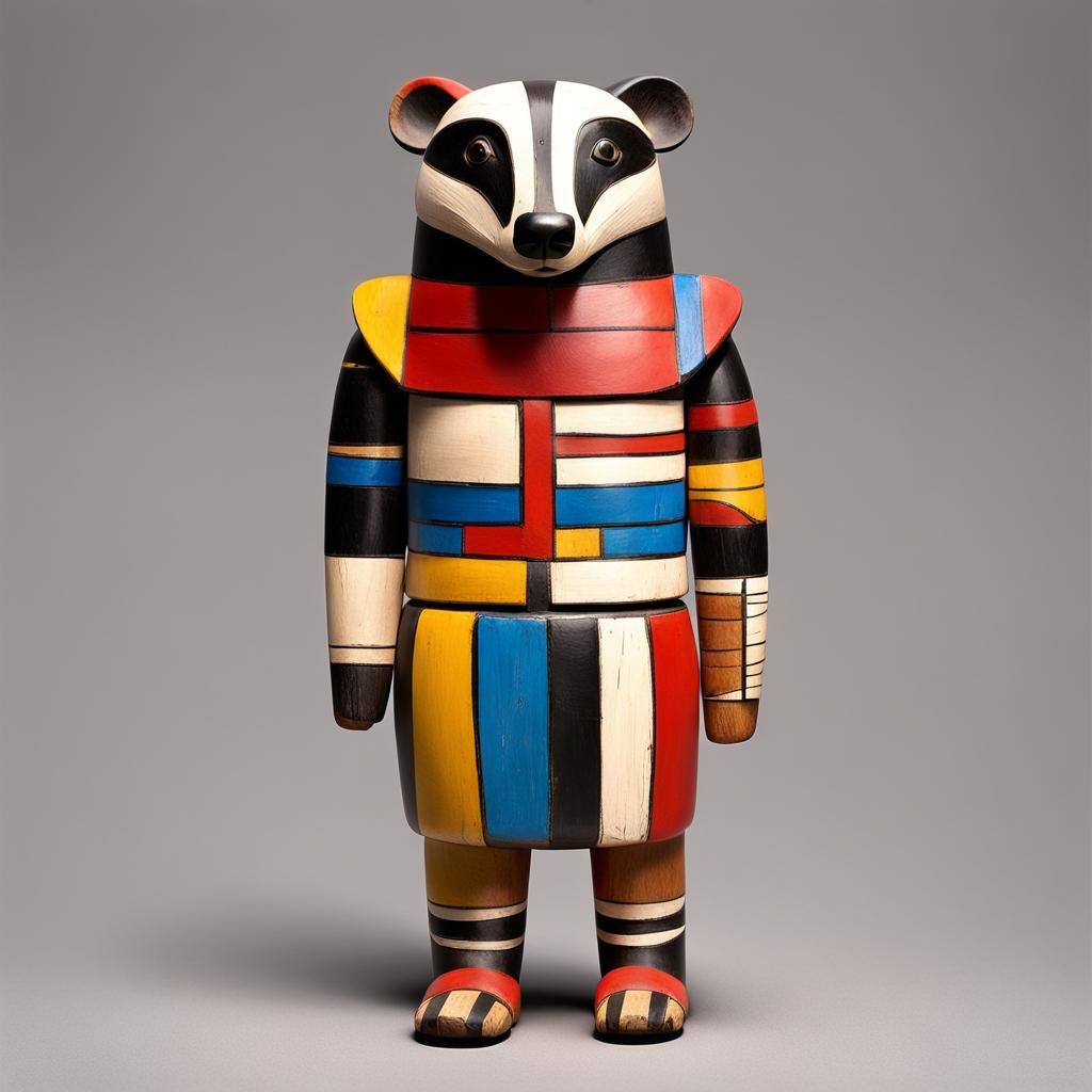 Geometric Badger Kachina Doll in Mondrian Style