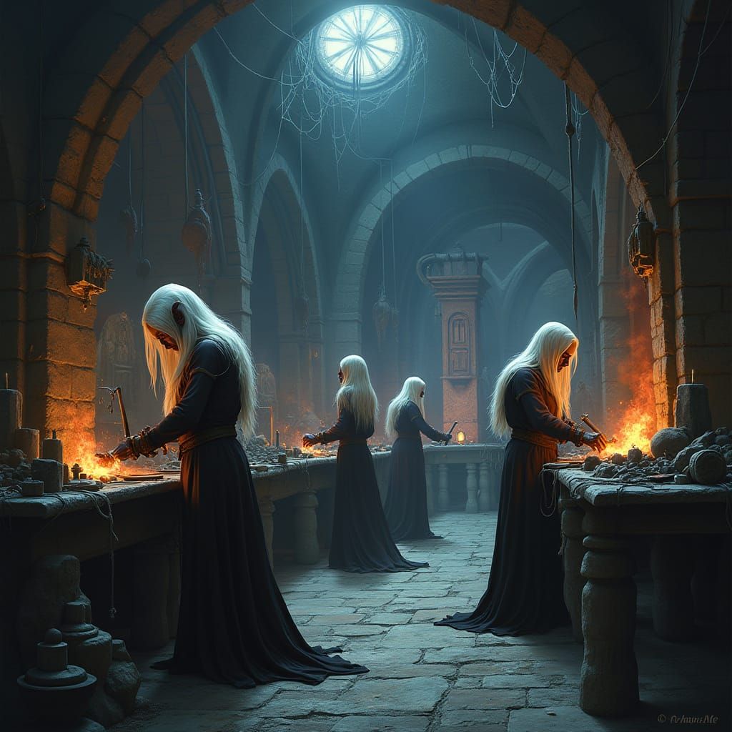 Drow-Elves Crafting in Gloomy Underdark Workshop