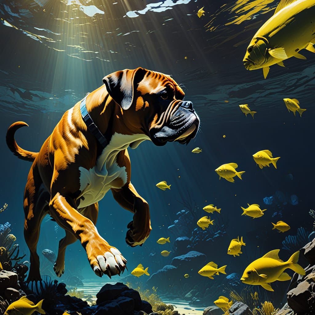 Underwater Boxer in a Vast Oceanic Landscape with Marine Lif...