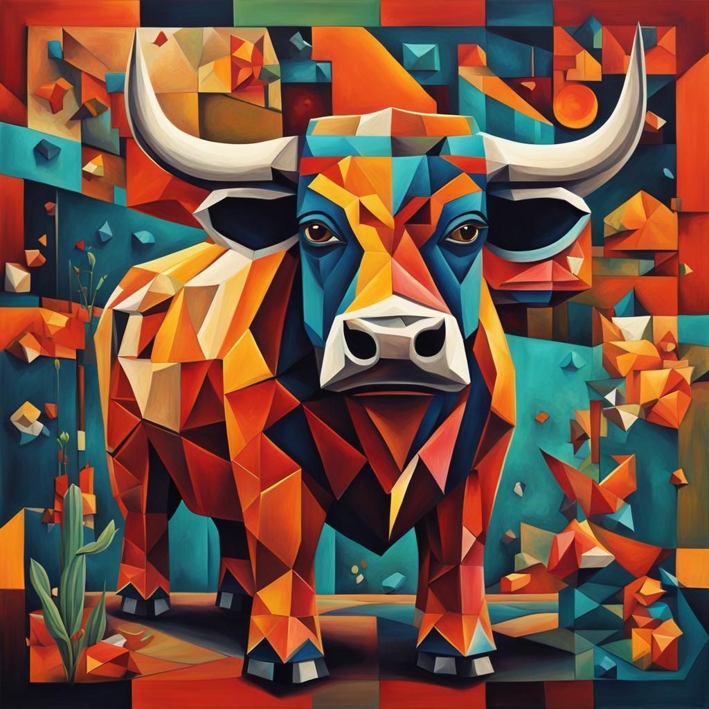Cubist Bull Inspired by Frida Kahlo in Geometric Style