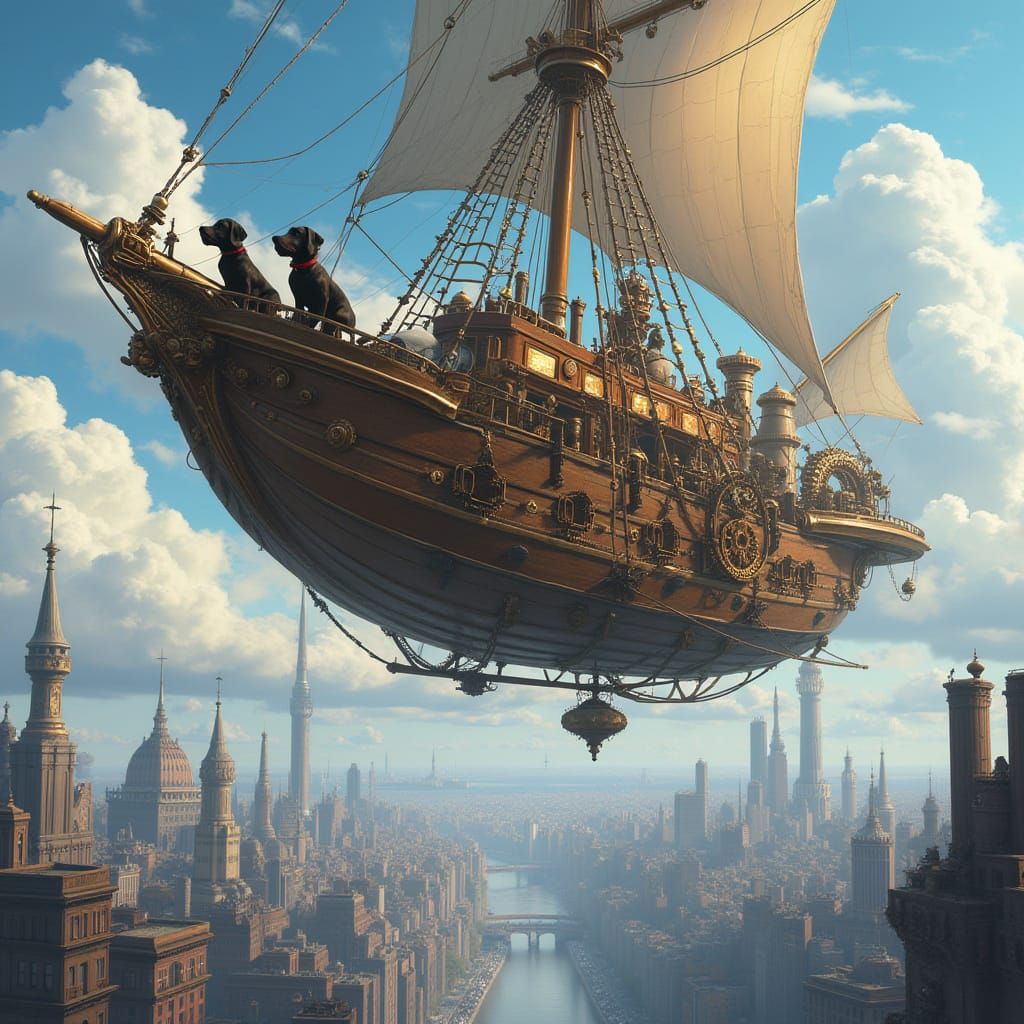 Steampunk Airship Adventure Above Cityscape