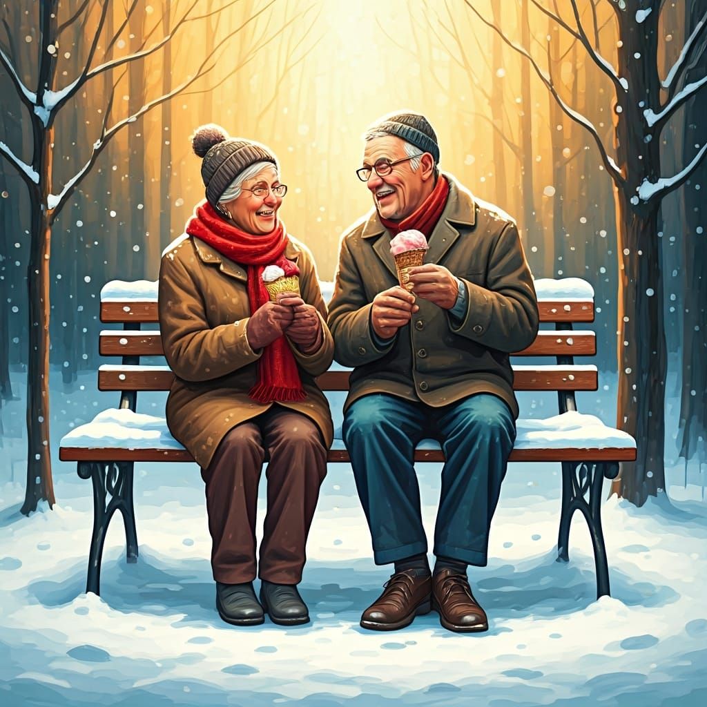 Elderly Couple Laughing in Snowy Park with Ice Cream