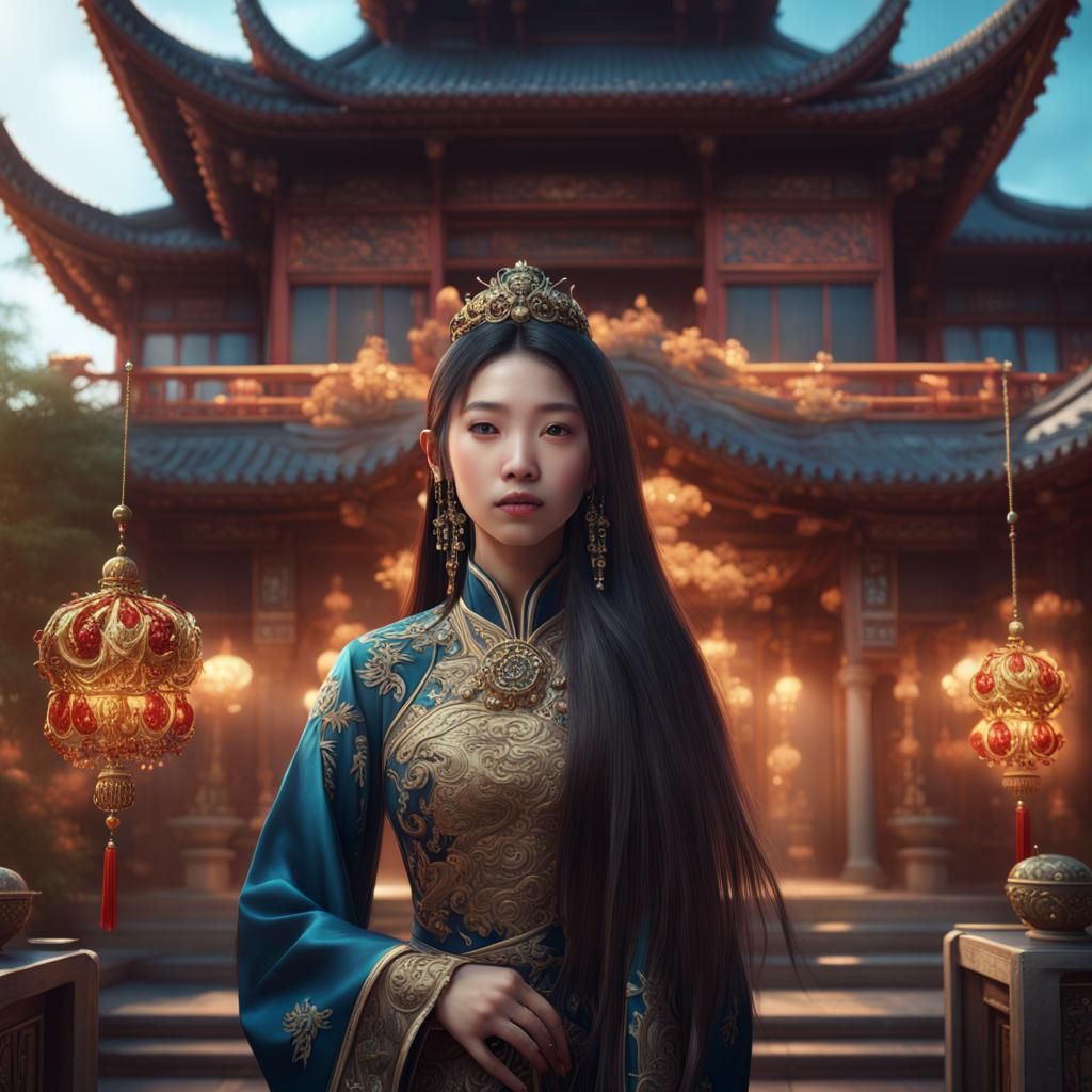Jeweled Chinese Girl Outside Opulent Mansion