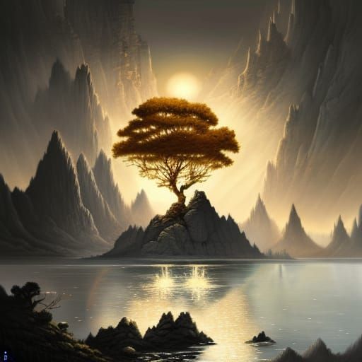 Golden Tree on Lake: Dark Fantasy Concept Art