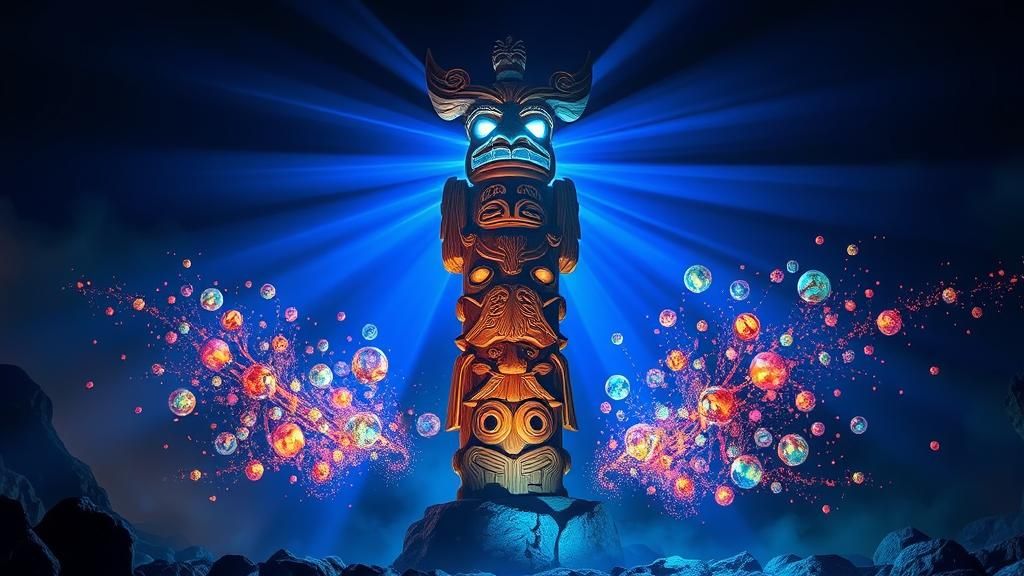 Mystical Jangseung Totem Pole with Ethereal Blue Light