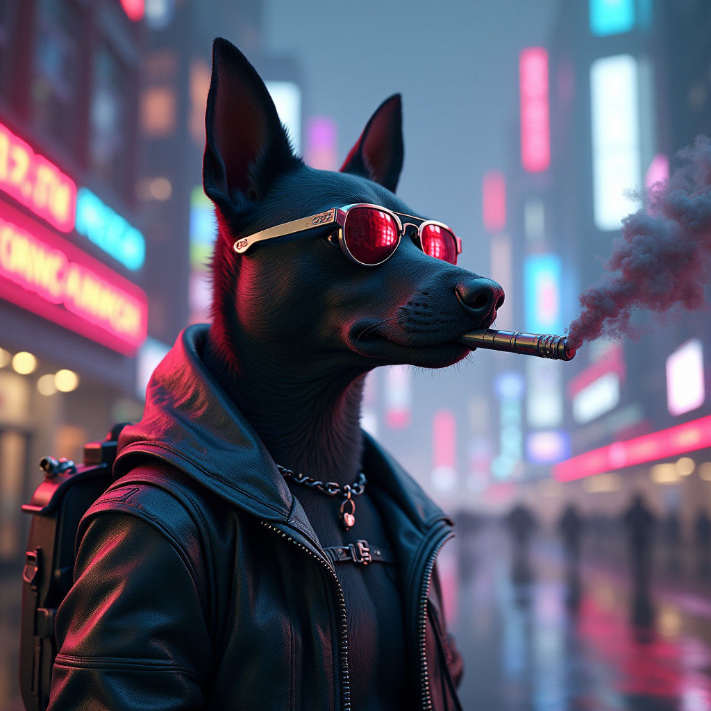 Cyberpunk Dog Smokes in Neon Metropolis