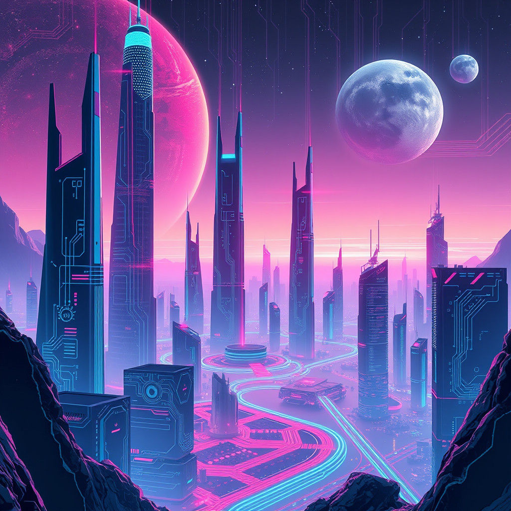Neon Cityscape on Alien Earth in Synthwave Style