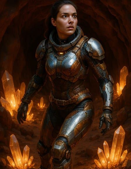 Ethereal Explorer in Rust-Silver Armor Amidst Glowing Martia...