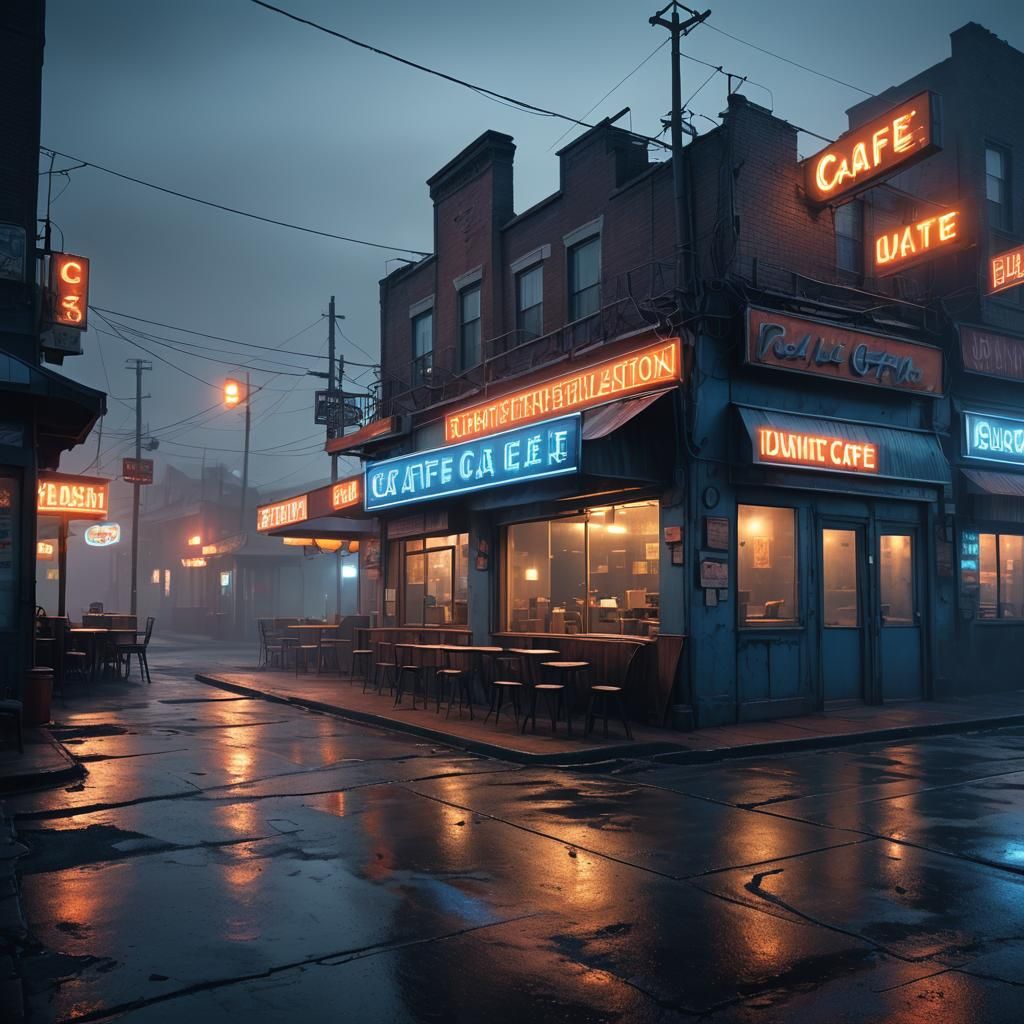 Eerie Cafe by Dimly Lit Road: Matte Painting