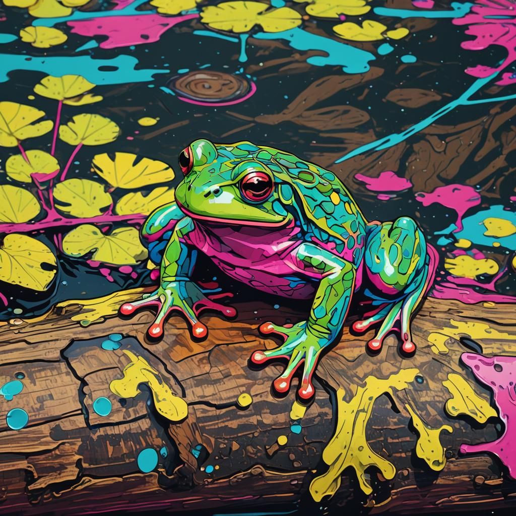 Pop Art Frog on Log in Electric Colors