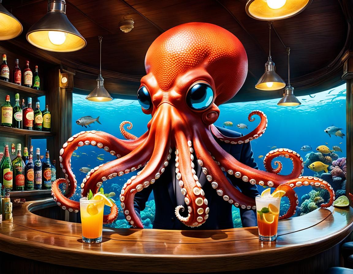 Cartoon Octopus Mixes Drinks at Coral Reef Bar