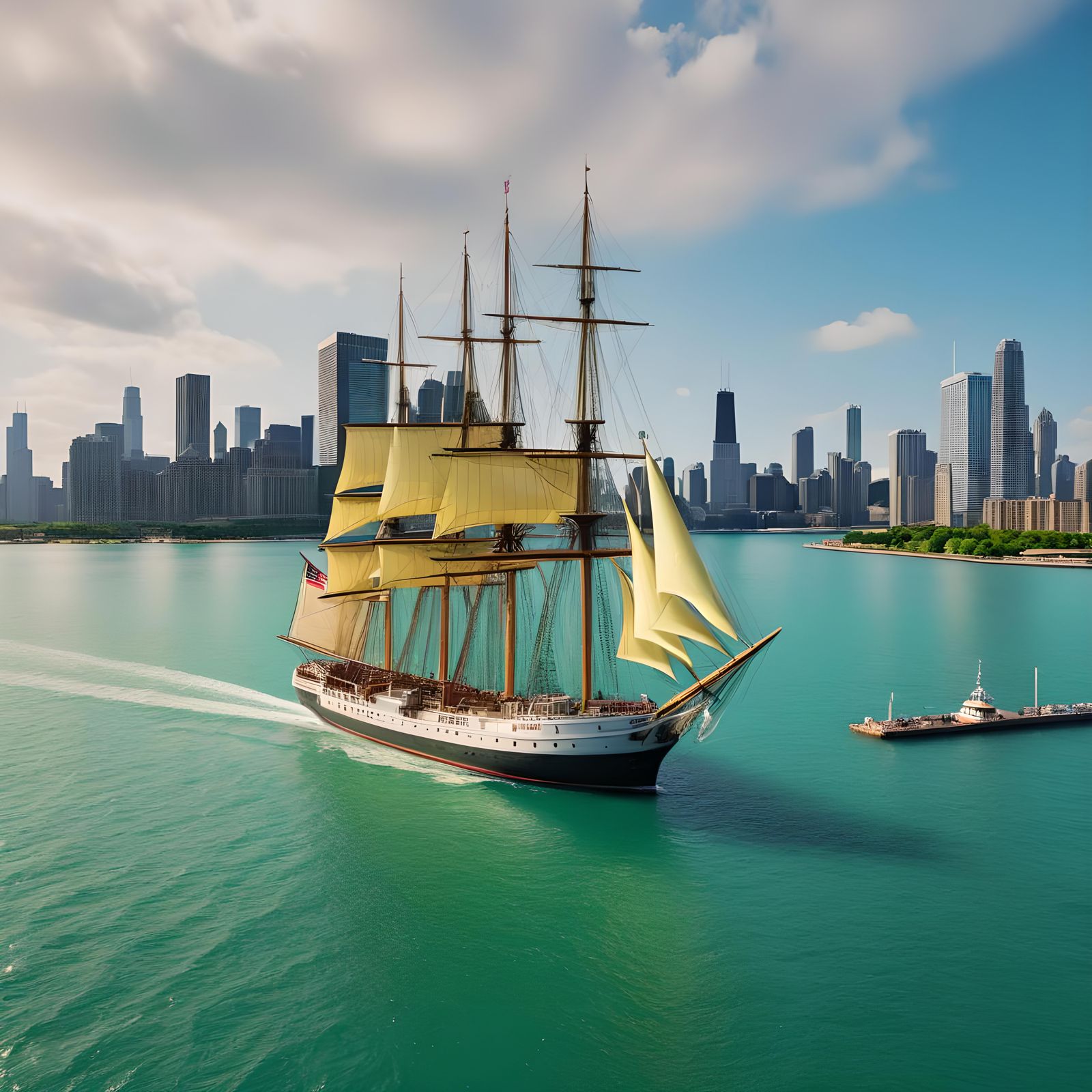 Tall Ships Docking at Chicago Pier: 8K Render